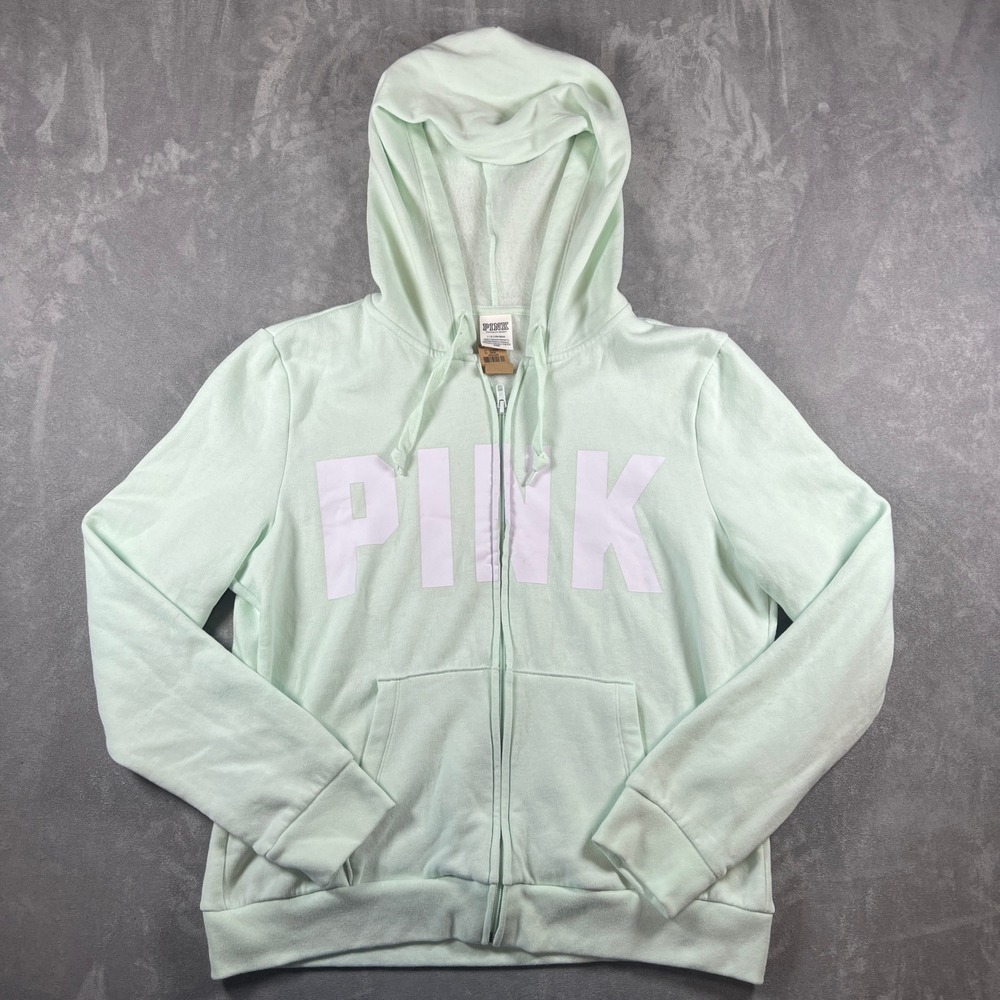 NWT Victoria's Secret PINK Mint Green L Full Zip Hoodie Graphic Logo Sweatshirt